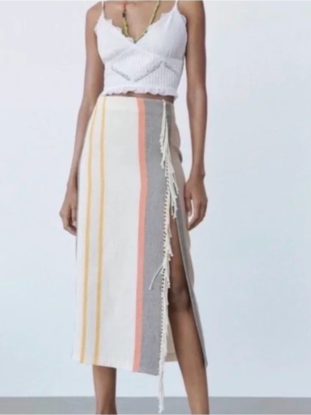 Zara Striped Fringe Wrap Midi Maxi Skirt Cream Orange Yellow Boho Size M